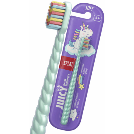 Детская зубная щётка SPLAT® JUICY LAB "Магия единорога" от 4 лет, мягкая, жемчужно-зеленая/фиолетовая