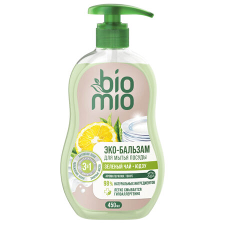 BioMio. Экологичный бальзам для мытья взрослой и детской посуды с экстрактом хлопка и ионами серебра. Концентрат. Зеленый чай и Юдзу, 450 мл