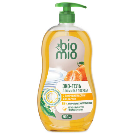 BioMio. Экологичное средство для мытья взрослой и детской посуды с эфирным маслом Мандарина, экстрактом хлопка и ионами серебра. Концентрат. 900 мл